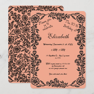 Peach und Black Botanical Floral 30. Geburtstag Einladung