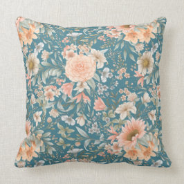 Peach und Blue Floral auf mittelgradig Aquamarinem Kissen