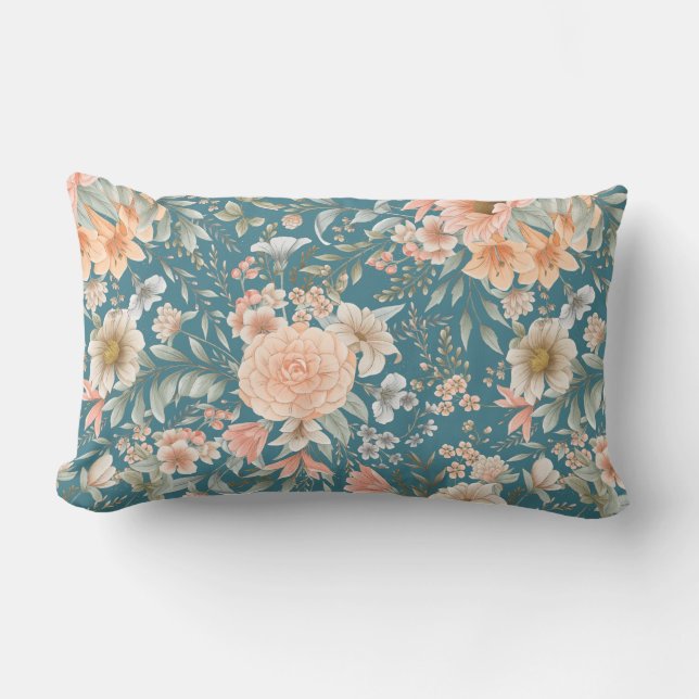 Peach und Blue Floral on Medium Aquamarin Lendenkissen (Vorderseite)