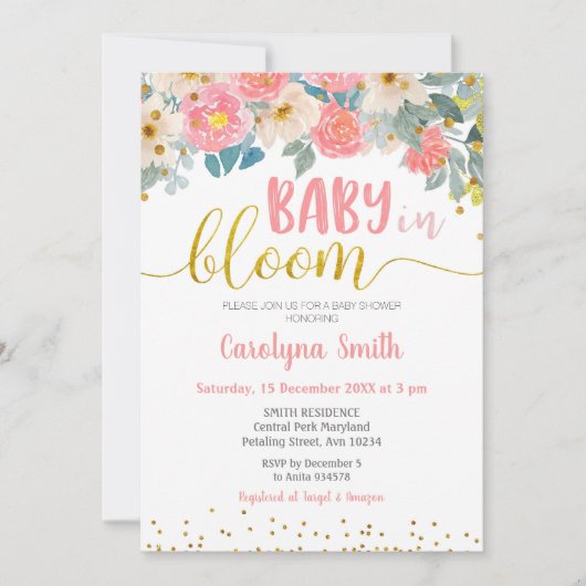 Peach und Gold Baby in Bloom Einladung (Vorderseite)