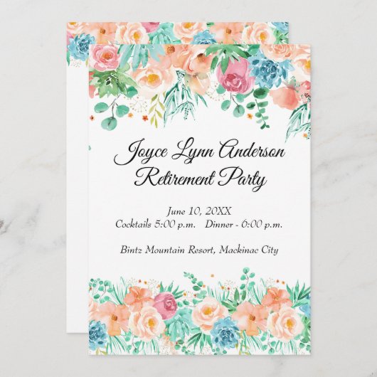 Peach und Green Floral Pensionsprogramm Einladung (Vorne/Hinten)