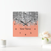 Peach und Imitate Glitzer personalisiert Quadratische Wanduhr (Zuhause)