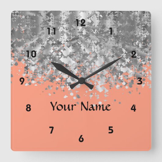 Peach und Imitate Glitzer personalisiert Quadratische Wanduhr (Vorderseite)