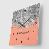Peach und Imitate Glitzer personalisiert Quadratische Wanduhr (Winkel)