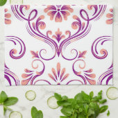 Peach und Lila Damask Blumenmuster Elegant Geschirrtuch (Gefaltet)