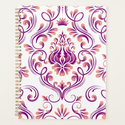 Peach und Lila Damask Blumenmuster Elegant Planer (Vorderseite)