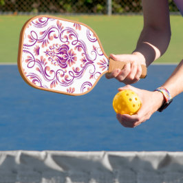 Peach und Lila Damask Floral Pickleball Schläger