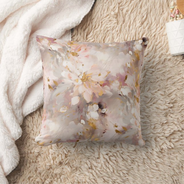 Peach und Taupe Abstrakte Blumen Kissen (Decke)