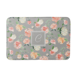 Peach und Taupe Blumenmuster mit Monogramm Badematte