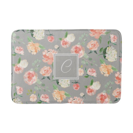 Peach und Taupe Blumenmuster mit Monogramm Badematte (Vorderseite)