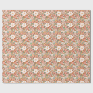 Peach und White Retro Daisies Blumenmuster Geschenkpapier