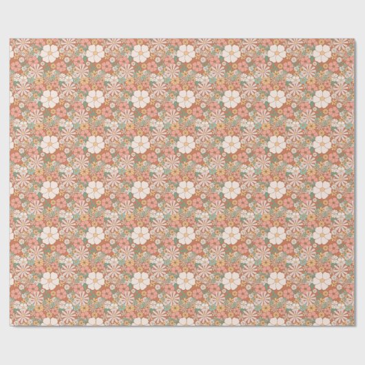Peach und White Retro Daisies Blumenmuster Geschenkpapier (Flach)