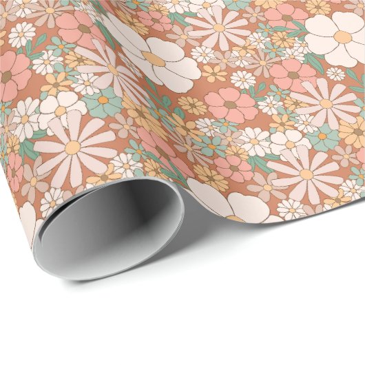 Peach und White Retro Daisies Blumenmuster Geschenkpapier (Rolleneckpunkt)