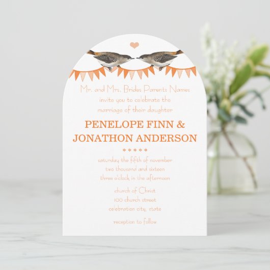 Peach Vintag Bird Bunting Einladungen (Stehend Vorderseite)