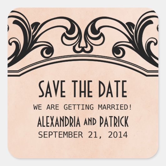 Peach Vintag Wirbel Save the Date Stickers (Vorderseite)