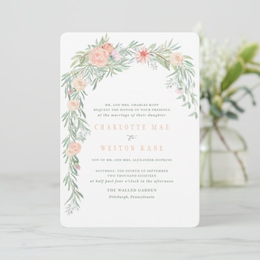 Peach Wassercolor Blume Hochzeit Einladung (Stehend Vorderseite)