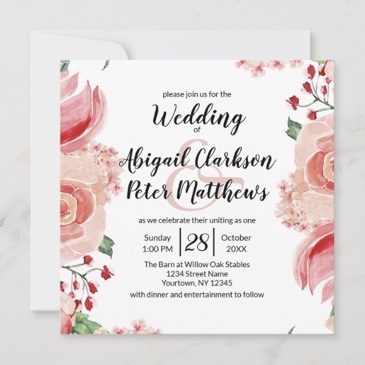 Peach Wassercolor Blumengestelle Hochzeitsplatz Einladung (Vorderseite)