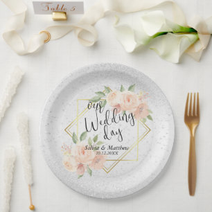 Peach Wassercolor Floral and White Glitzer Pappteller