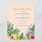 Peach Wassercolor Tropische Blume Grüne Hochzeit Save The Date (Vorne/Hinten)