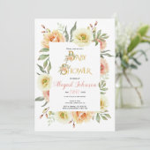 Peach watercolor Blume Babydusche für Mädchen Einladung (Stehend Vorderseite)