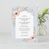Peach Watercolor Blume Dusty Blue Wedding Einladung (Stehend Vorderseite)