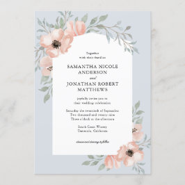 Peach Watercolor Blume Dusty Blue Wedding Einladung
