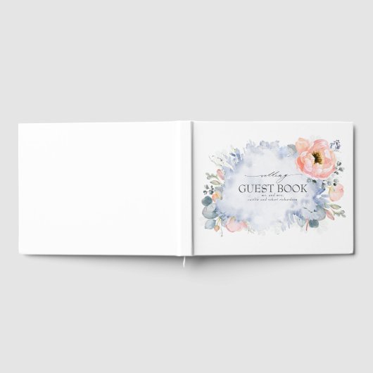 Peach Watercolor Blume Dusty Blue Wedding Gästebuch (Voll)