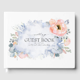 Peach Watercolor Blume Dusty Blue Wedding Gästebuch