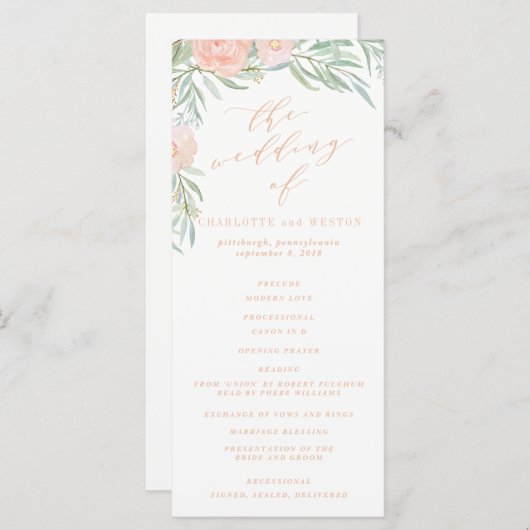 Peach Watercolor Blume Wedding Program Programm (Vorne/Hinten)