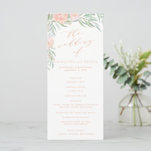 Peach Watercolor Blume Wedding Program Programm (Stehend Vorderseite)