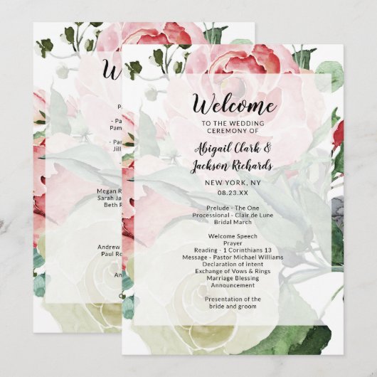 Peach Watercolor Blumenmuster Hochzeit Programm (Vorne/Hinten)