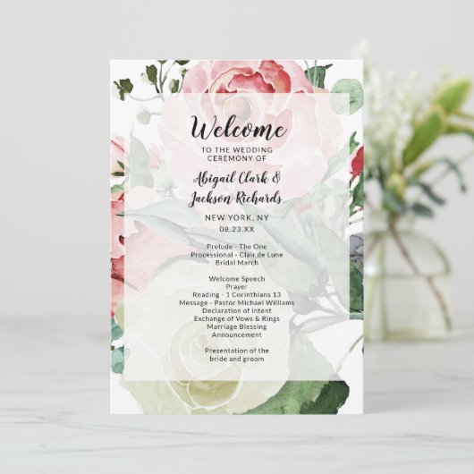 Peach Watercolor Blumenmuster Hochzeit Programm (Stehend Vorderseite)