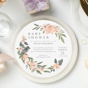 Peach Watercolor Blumenschaum Bird Baby Dusche Einladung