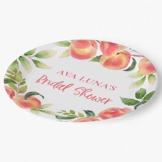 Peach Watercolor Brautparty Paper Teller (Schrägansicht)