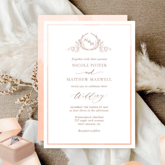 Peach Watercolor Elegant Monogram Wedding Einladung