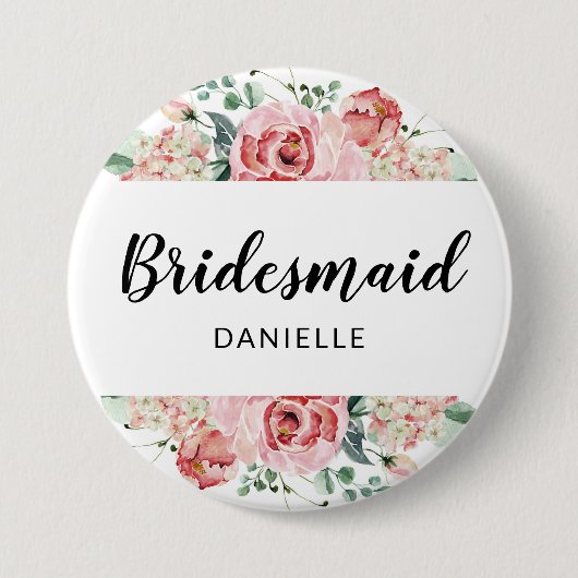 Peach Watercolor Floral Bridesmaid Mit Monogramm Button (Vorderseite)