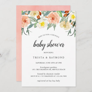 Peach Watercolor Floral Girl Couple's Baby Shower Einladung