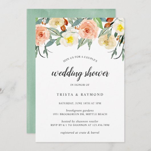 Peach Watercolor Floral Paare Polterabend Einladung (Vorne/Hinten)