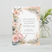 Peach Watercolor Floral Wedding Invitation Einladung (Stehend Vorderseite)