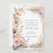 Peach Watercolor Floral Wedding Invitation Einladung (Vorderseite)