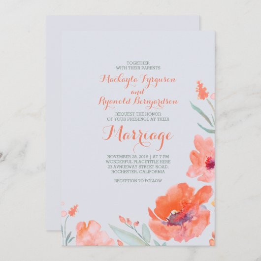 Peach Watercolor Florals Sommerhochzeiten Einladun Einladung (Vorne/Hinten)