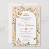 Peach Watercolor Golden Butterfly Quinceanera Einladung (Vorderseite)