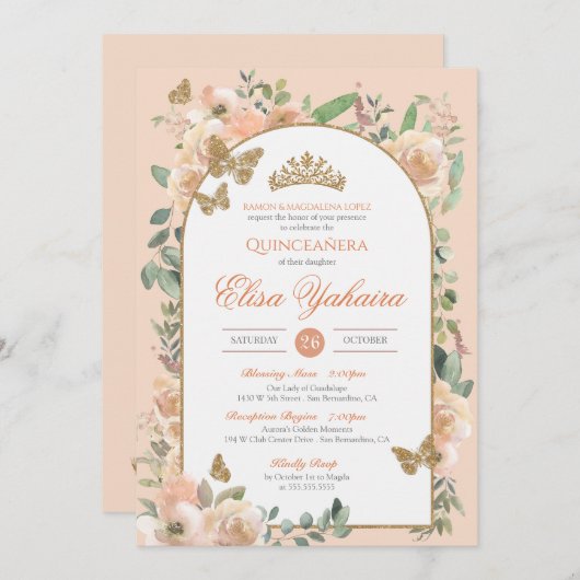Peach Watercolor Golden Butterfly Quinceanera Einladung (Vorne/Hinten)