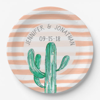 Peach Watercolor Stripes Cactus Southwest Wedding Pappteller