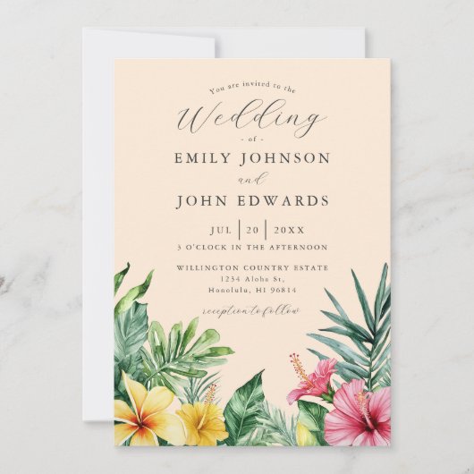 Peach Watercolor Tropical Blume QR Code Hochzeit Einladung (Vorderseite)