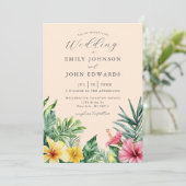 Peach Watercolor Tropical Blume QR Code Hochzeit Einladung (Stehend Vorderseite)