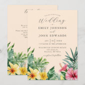 Peach Watercolor Tropical Blume QR Code Hochzeit Einladung (Vorne/Hinten)