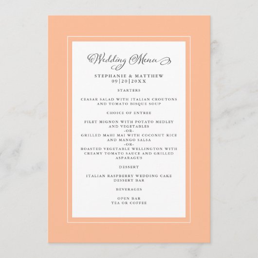 Peach Wedding Calligraphy Elegante Gastessen Menükarte (Vorderseite)