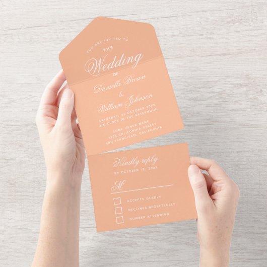 Peach Wedding Elegantes Script Moderne UAWG All In One Einladung (Abreißen)