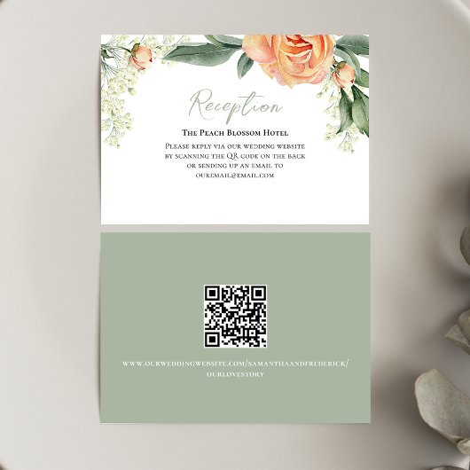 Peach Wedding Reception Floral QR Code Begleitkarte